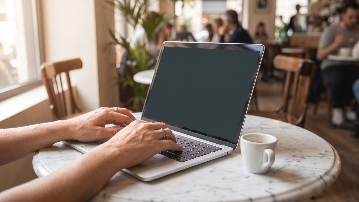 Les mains d'un commerçant sur le clavier d'un ordinateur portable posé sur une table de café