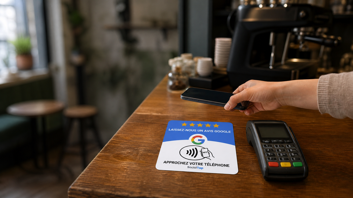 Plaque NFC avis Google sur le comptoir d un cafe, client approchant son telephone