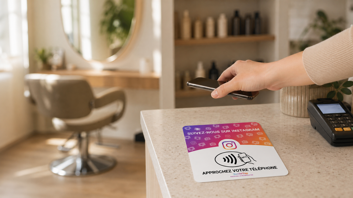 Plaque NFC Instagram sur le comptoir d un salon, cliente approchant son telephone