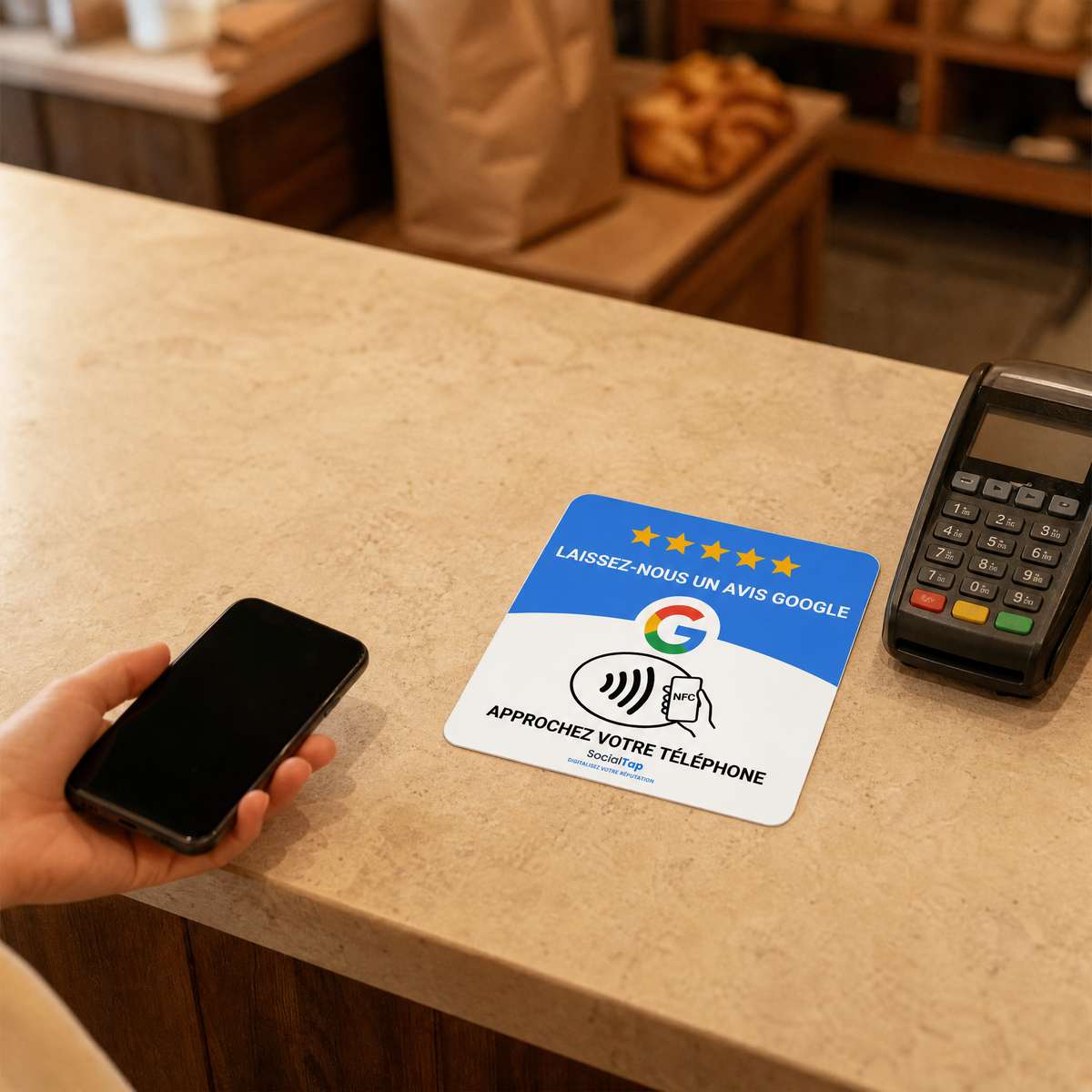 Plaque NFC avis Google posée à l'encaissement