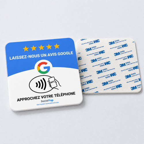 Plaque NFC avis Google SocialTap, recto et verso avec son adhesif 3M 9448A